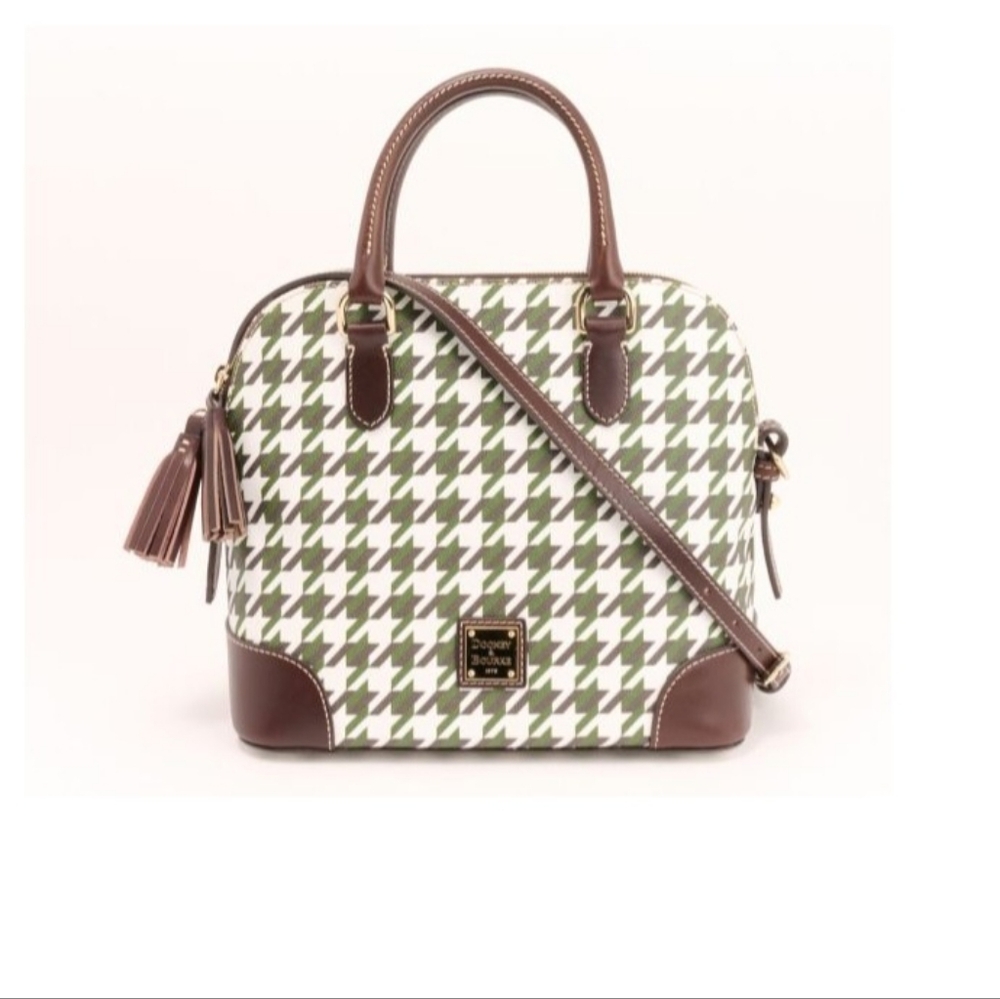 Dooney & Bourke Houndstooth Domed Satchel Crossbody White Taupe Green Tassel Zip